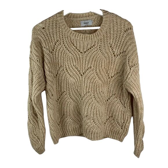 ONLY Our Story Sweaters - ONLY Our Story Size S Sweater Beige Scoop Neck Long Sleeve Open Knit Women's Tan